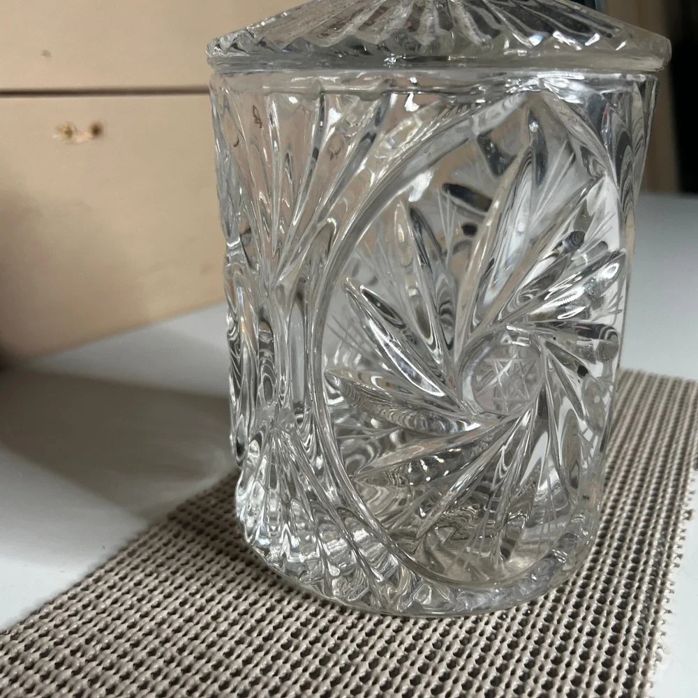 Vintage Clear Cut Crystal Pinwheel Star Glass Biscuit Jar Candy Dish with Lid